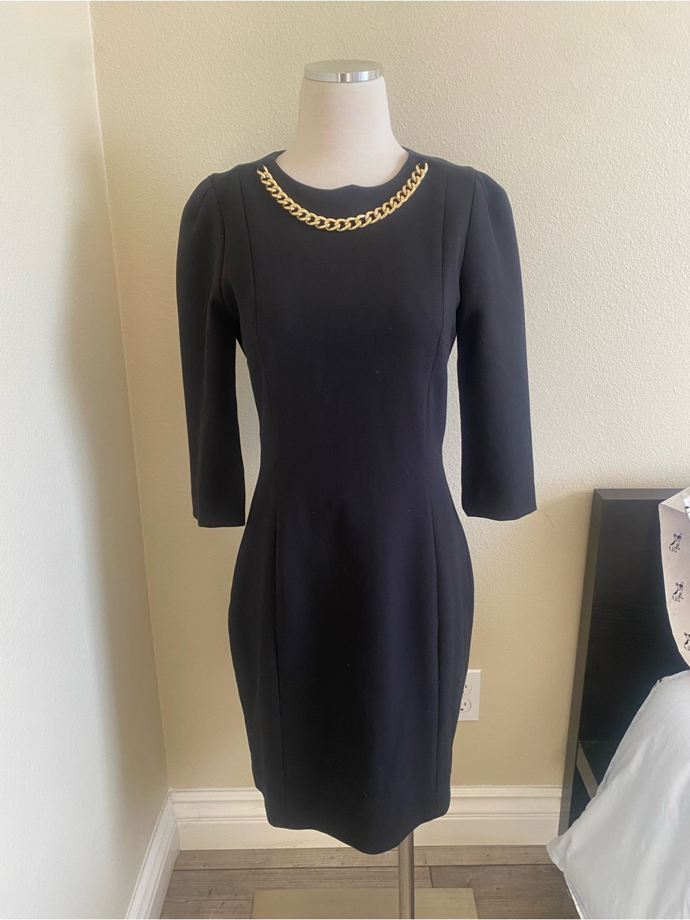 H&M Black Long-Sleeve Sheath Dress with Gold Chain